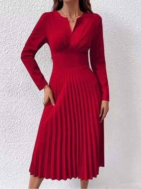SHEIN Red Pleated Long-Sleeve Midi Dress
